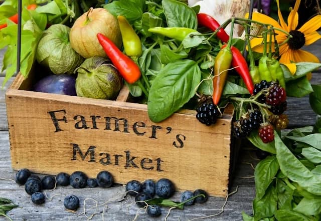 A crate of freshly harvested vegetables at a farmer's market